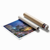 Extra large rolled print of Seoul with floral elements in pastel shades, suitable for large living room or bathroom decor.