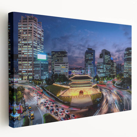 Large canvas print of Seoul skyline in muted gray and blue tones, ideal for kitchen wall art.