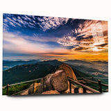 Large abstract wall art depicting a serene Korean landscape in muted green and blue tones, printed on acrylic glass.