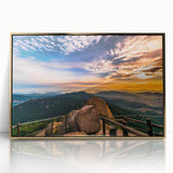 Acrylic print of a serene Korean landscape in muted earth tones, framed in gold, suitable for modern art wall decor.