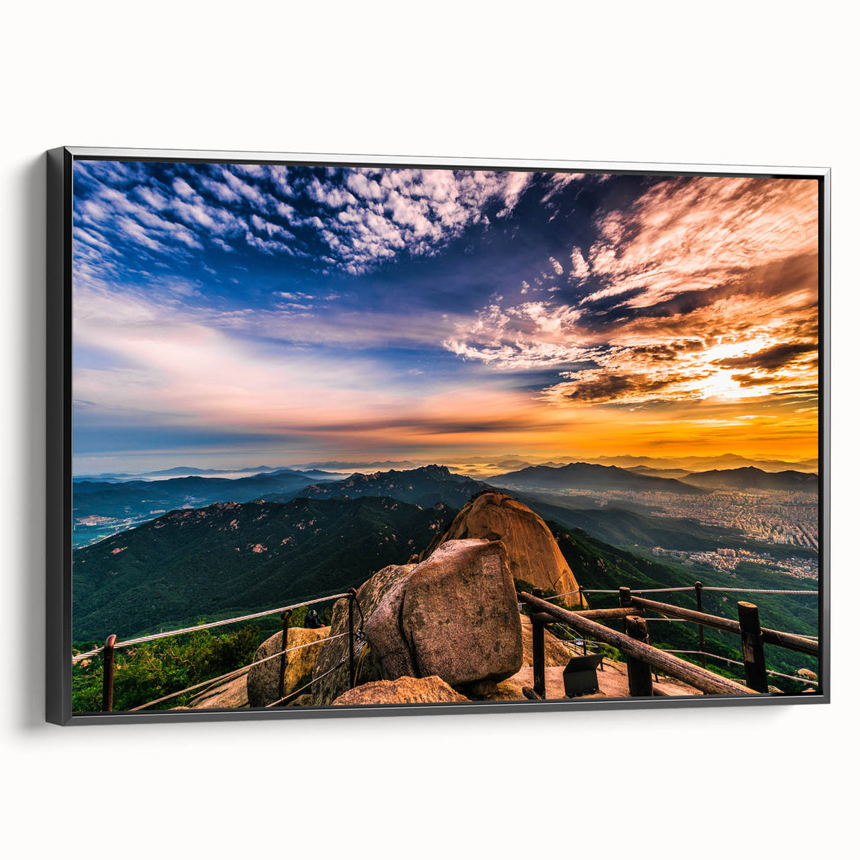 Black and white vintage poster art of a Korean landscape on framed canvas, ideal for bedroom decor.