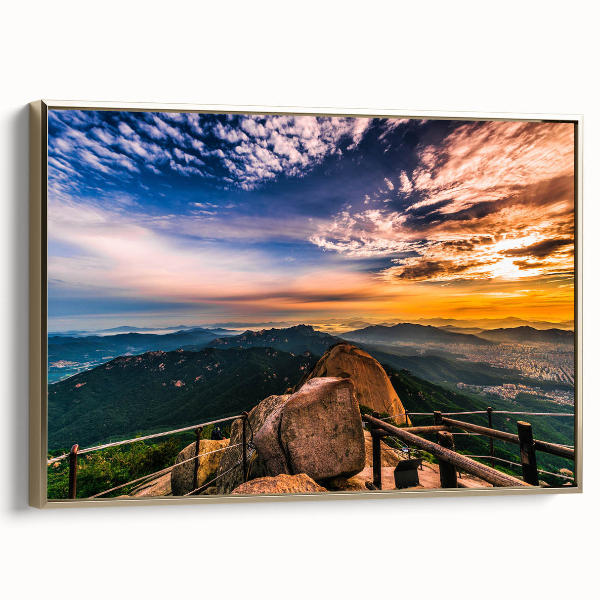 Framed canvas featuring a vintage-style Korean landscape in muted gold and black tones, ideal for bedroom wall decor.