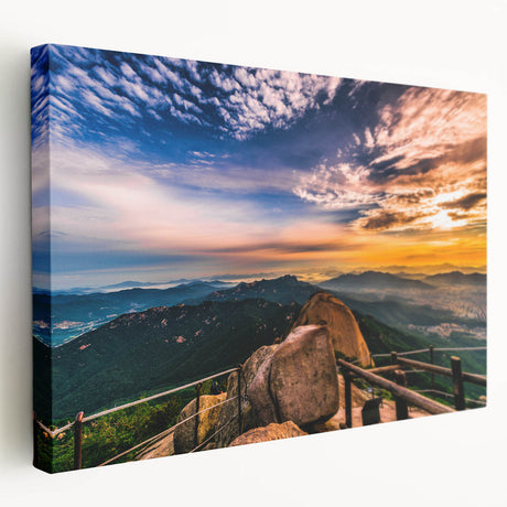 Large canvas print of a serene Korean landscape in soft green and blue tones, ideal for kitchen wall art.