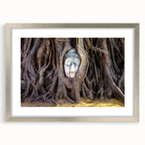 Textured abstract art print depicting a serene Laos landscape in muted earth tones, framed with a silver mat.