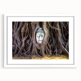 Abstract art print depicting a serene Laos landscape in soft green and blue tones, framed with a white mat.