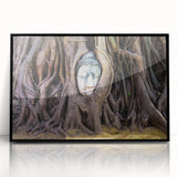 Large abstract wall art featuring a Laos scenery in muted earth tones on a framed acrylic.