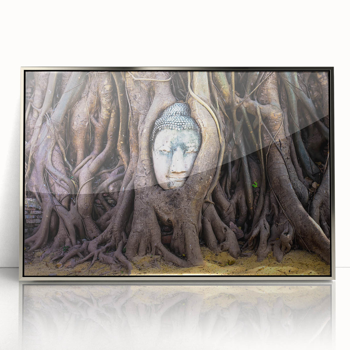 Mid-century modernist style acrylic print of a Laos scenery in muted earth tones, ideal for nursery wall art.