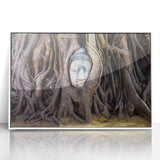 Framed acrylic print of a Laotian landscape in art deco style, featuring soft green and blue tones.