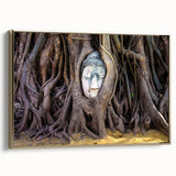 Framed canvas featuring a vintage-style landscape painting of a serene Laotian scenery in muted gold and black tones.