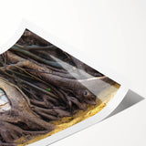 Extra large wall art featuring line art flowers in muted greens and whites on a rolled canvas.