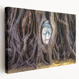 Landscape painting of a serene Laotian village on a large stretched canvas, featuring soft earth tones.