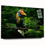 Large abstract wall art depicting a serene Malaysian landscape in muted green and blue tones, printed on acrylic glass.