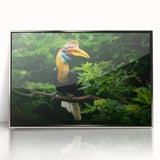 Mid-century modernist art depicting a serene Malaysian landscape in muted earth tones, framed in silver acrylic.