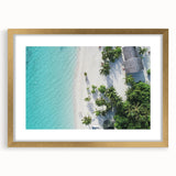 Extra large abstract art print of a serene Maldivian landscape in muted blues and greens, framed in gold.