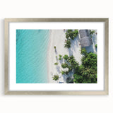 Textured abstract art print of Maldivian scenery in silver frame, ideal for bedroom art.