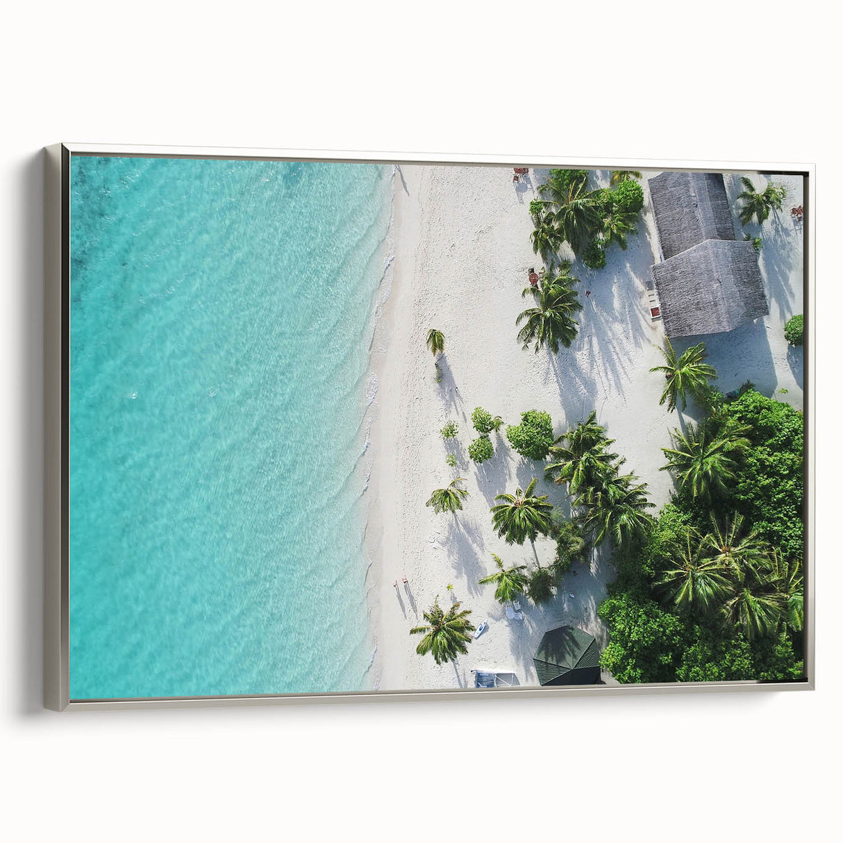 Framed canvas landscape art paintings depicting a serene Maldivian beach with vibrant blue and turquoise tones.