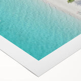 Art deco poster of a serene Maldivian beach on a rolled canvas, with soft blue and white tones.