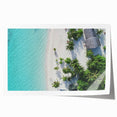 Extra large rolled print of a serene Maldivian beachscape, with soft blue and sandy hues, ideal for art wall dining room.