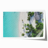 Extra large rolled print of a serene Maldivian beachscape, with soft blue and sandy hues, ideal for art wall dining room.