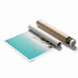 Extra large rolled print of a serene Maldivian beach scene, featuring soft blue and white tones.