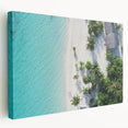 Large art print on stretched canvas depicting a tranquil Maldives beach scene, with soft blue and turquoise tones.