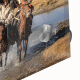 Large abstract wall art depicting a Mongolian landscape in muted earth tones on acrylic glass, suitable for dining room art.