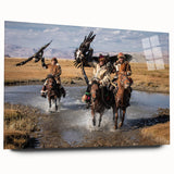 Large abstract wall art featuring a serene Mongolian landscape in muted earth tones, printed on acrylic glass.