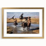 Abstract art print of Mongolian scenery in textured gold frame, ideal for extra large wall art in a living room.