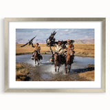 Textured art depicting an abstract Mongolian landscape in earthy tones on a framed silver mat, suitable for bedroom decor.