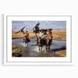 Abstract art print of a Mongolian landscape in muted earth tones on a white framed canvas, suitable for dining room decor.