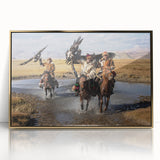 Large art print of a Mongolian landscape in acrylic, featuring muted earth tones in a mid-century modernist style.