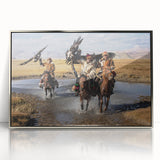 Mid-century modernist art depicting a Mongolian landscape in muted earth tones on a framed acrylic print.