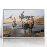 Acrylic print of a Mongolian landscape in muted earth tones, framed in white, suitable for modern art wall decor.