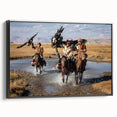 Black and white vintage poster art of a Mongolian landscape on framed canvas, ideal for bedroom wall decor.