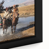 Extra large framed canvas featuring a textured depiction of a Mongolian landscape in black with colorful accents.