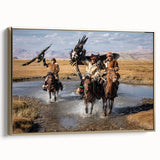 Framed canvas featuring a vintage-style Mongolian landscape in black with gold trim, ideal for bedroom wall art.