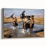 Landscape art painting featuring a Mongolian scenery on a framed canvas with a silver side view.