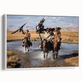 Vintage poster art of a Mongolian landscape on a framed canvas, featuring muted earth tones, ideal for living room decor.