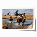 Extra large rolled print of a Mongolian landscape with vibrant green and blue tones, ideal for art wall dining room.