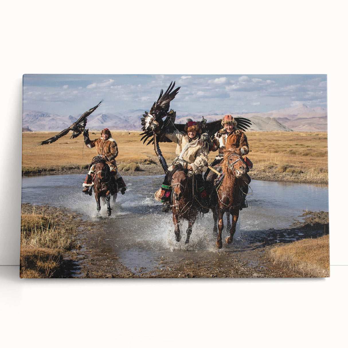 Black and white photograph of a Mongolian landscape on a large stretched canvas, ideal for kitchen wall art or bedroom decor.