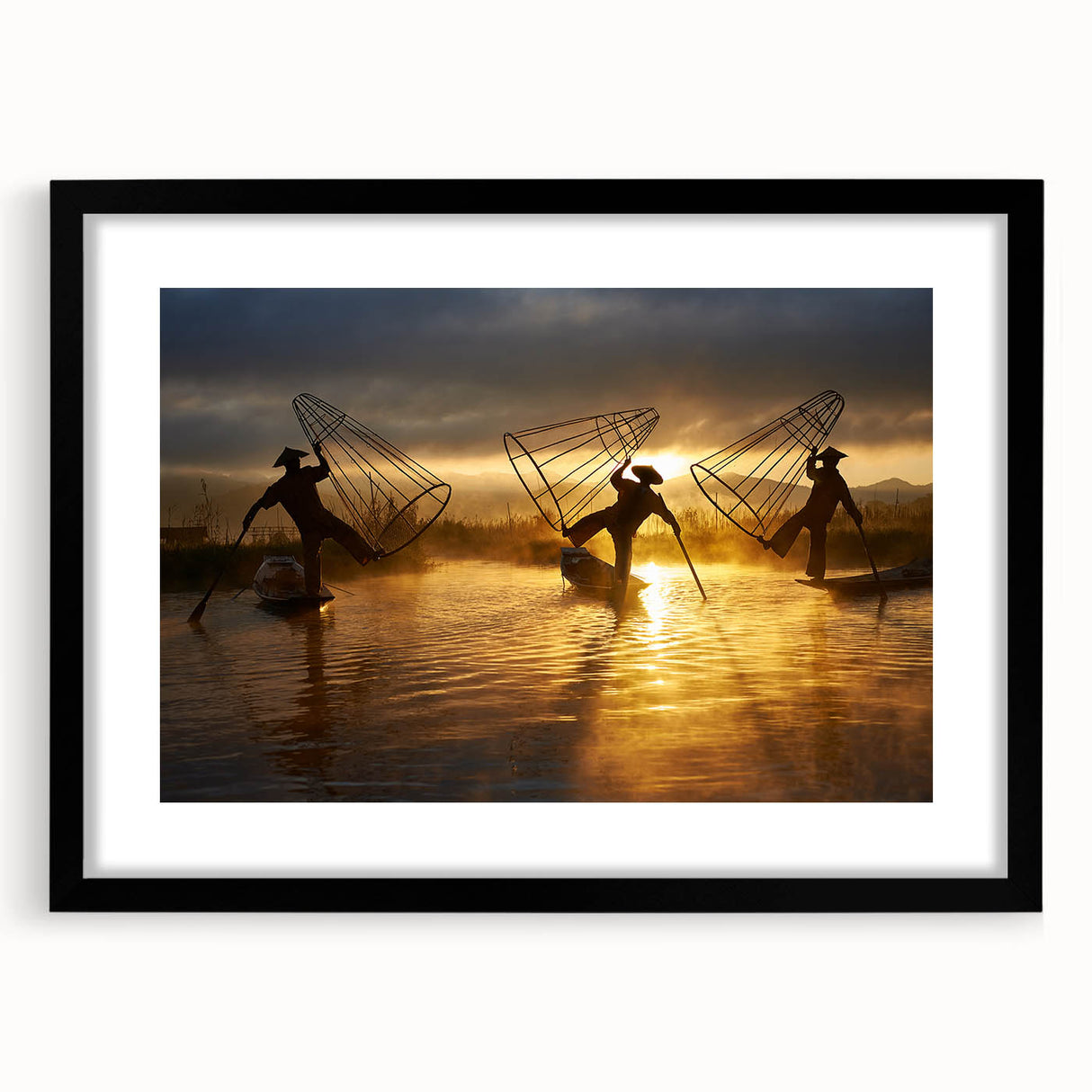 Colorful abstract art print of a textured Myanmar scenery in a large black frame, ideal for living room decor.