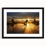 Colorful abstract art print of a textured Myanmar scenery in a large black frame, ideal for living room decor.