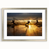 Textured art print of an abstract Myanmar landscape in cool blue and gray tones on a framed canvas, suited for bedroom decor.