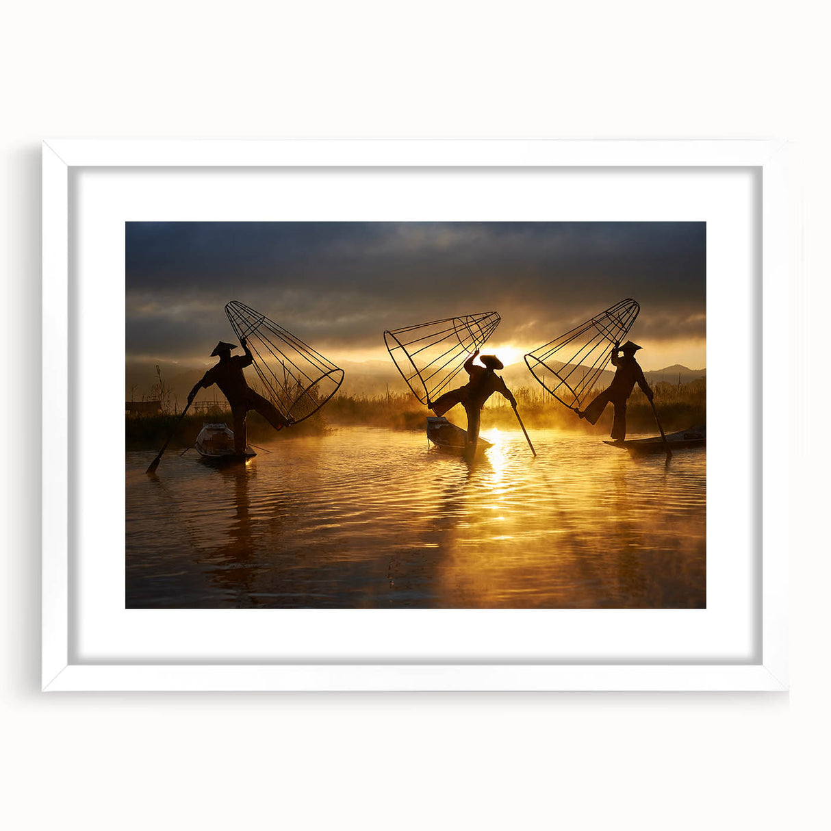 Abstract art print of a Myanmar scenery in muted earth tones on a white framed mat, suitable for dining room decor.