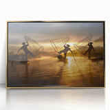 Framed acrylic print of a serene Myanmar landscape in muted gold and green, ideal for modern art wall decor.