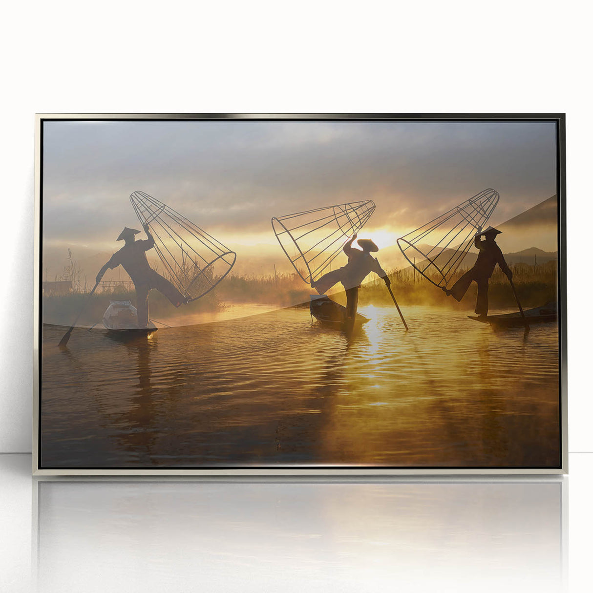 Mid-century modernist art of a Myanmar landscape, acrylic print in silver frame, suitable for nursery wall art.