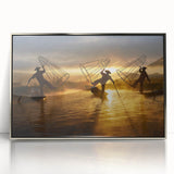 Mid-century modernist art of a Myanmar landscape, acrylic print in silver frame, suitable for nursery wall art.