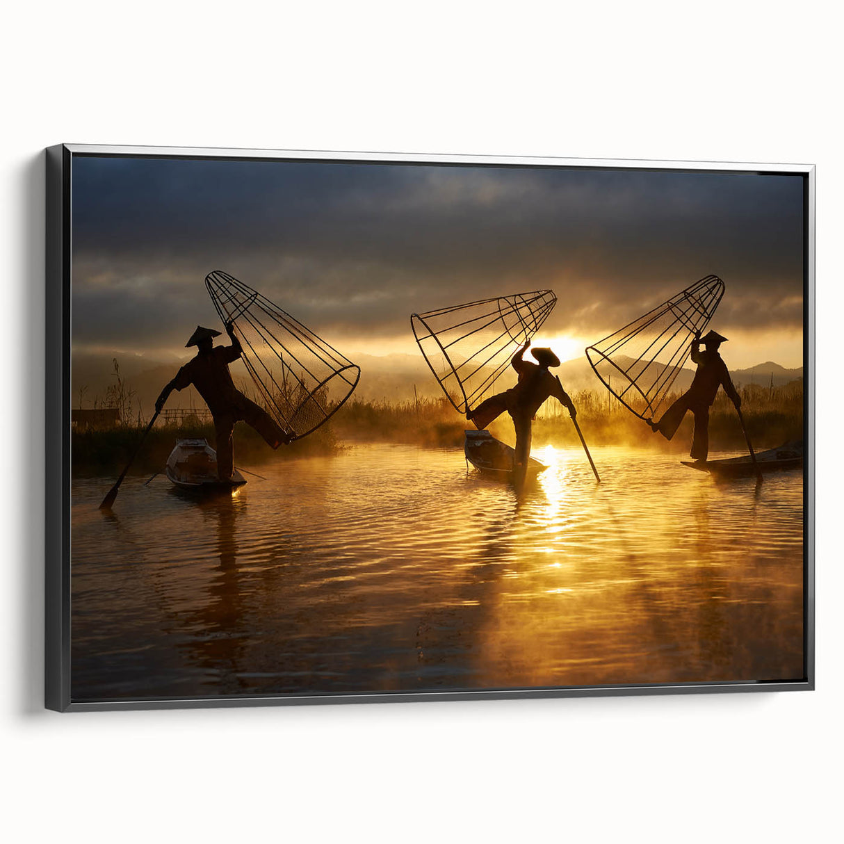 Black and white landscape art painting of a Myanmar scenery on framed canvas, ideal for bedroom wall decor.