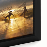 Extra large framed canvas of a colorful, textured Myanmar scenery in black, ideal for living room decor.