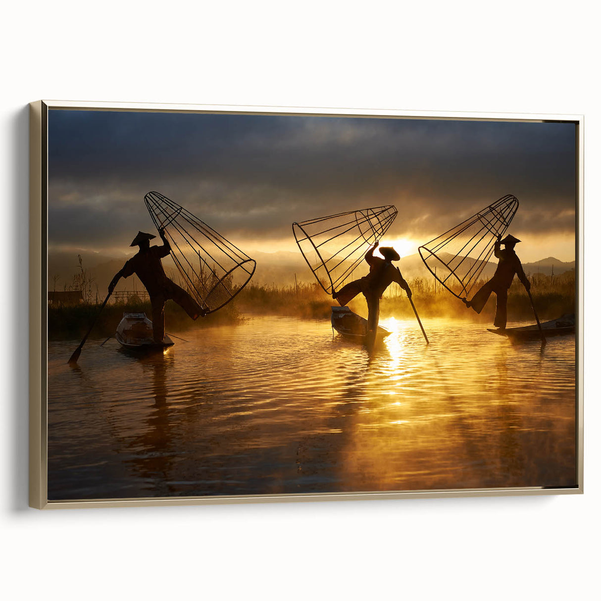 Framed canvas of a vintage-style landscape painting depicting Myanmar scenery in muted gold and black tones.